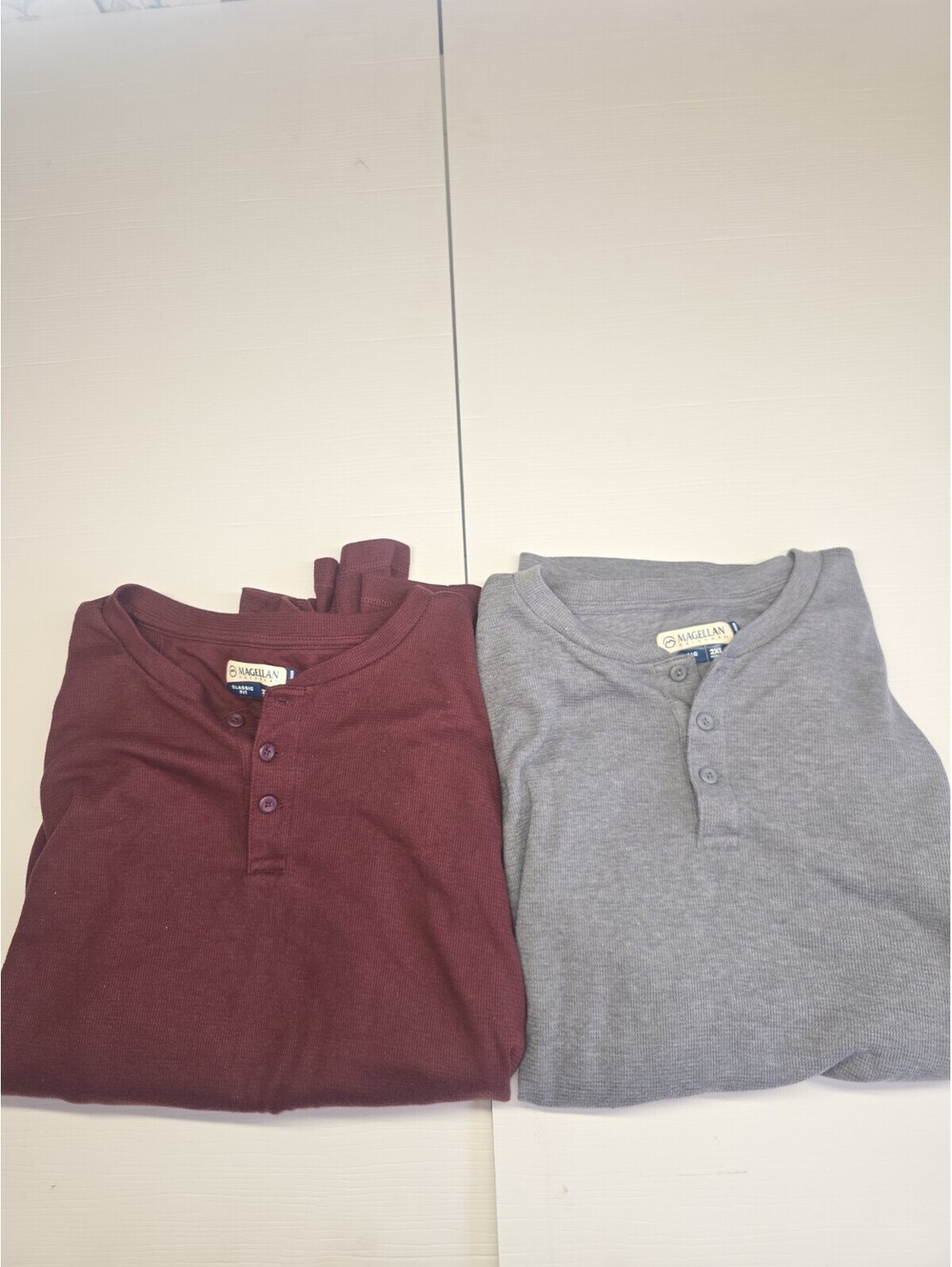 2 Magellan Outdoors Mens 2XL Long Sleeve Henley Shirts Gray Burgundy Classic Fit